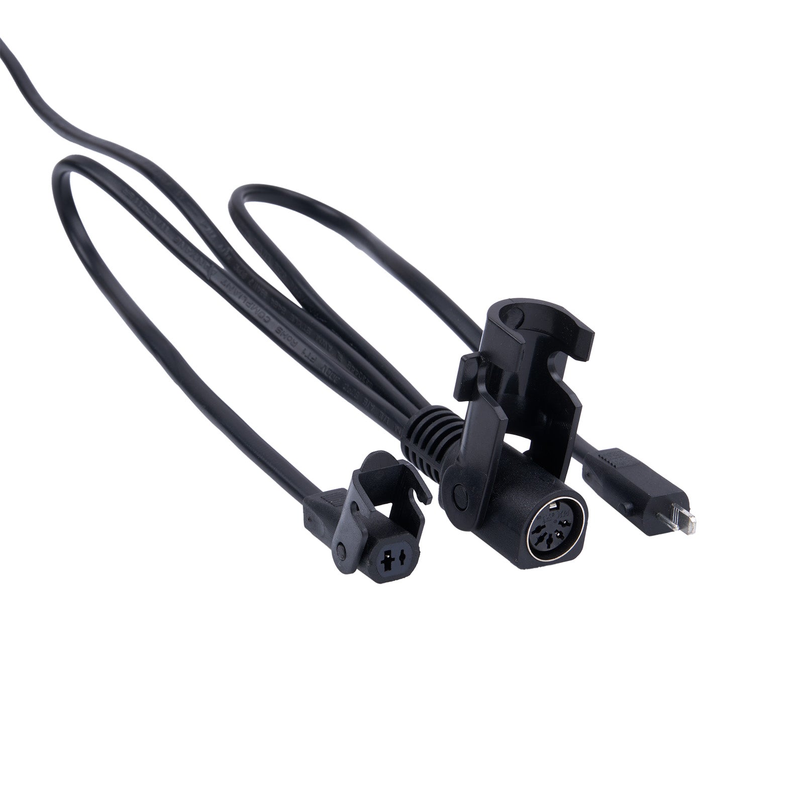 Black cable with connectors on a white background