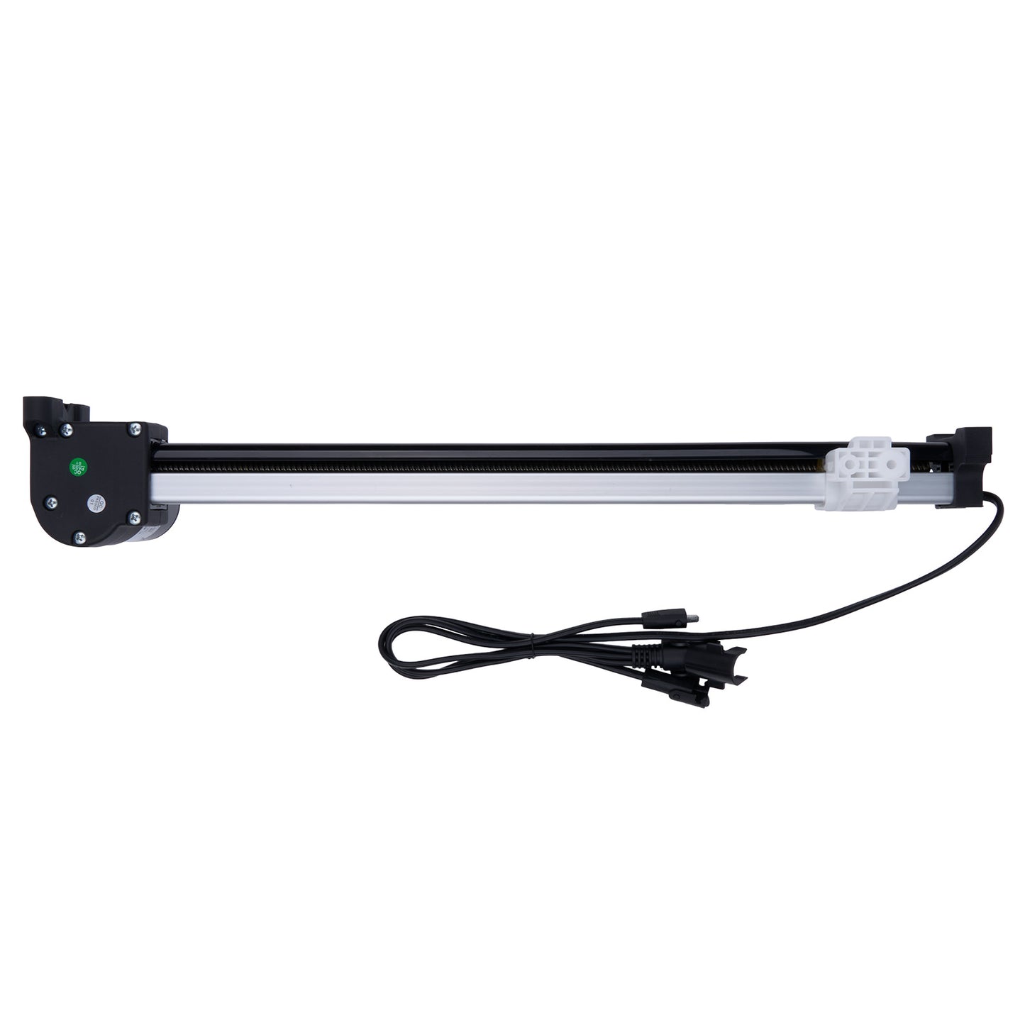 Long, thin mechanical device with a cable on a white background