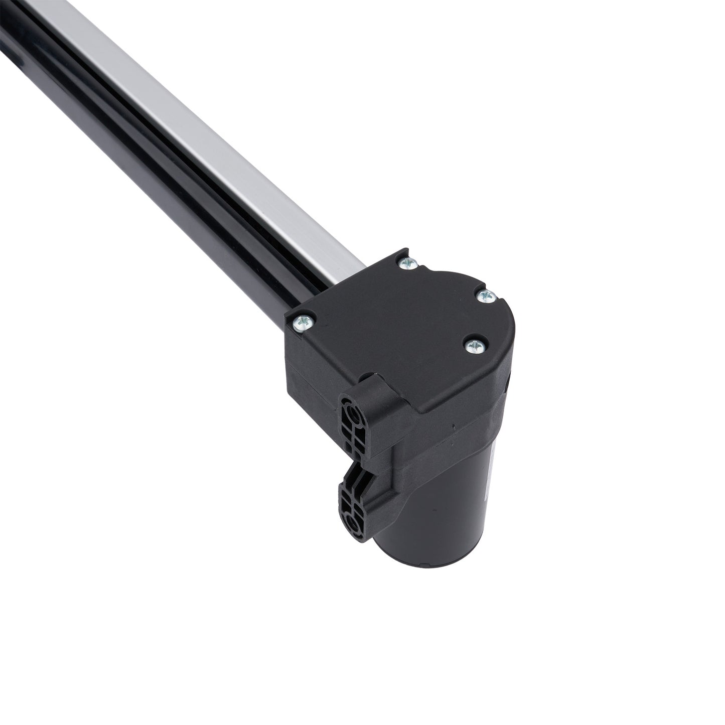 Black metal bracket with cylindrical component on a white background