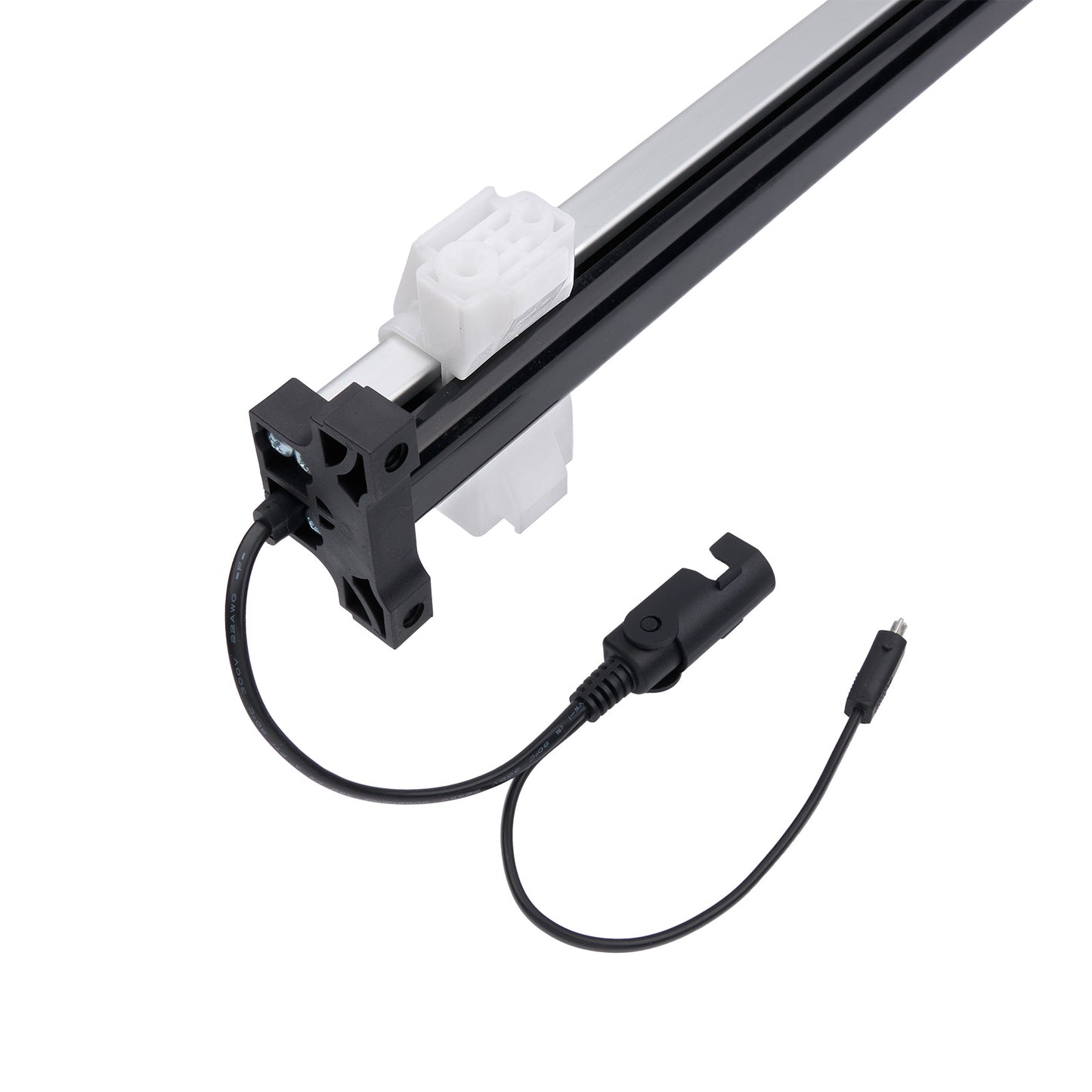 Mechanical arm with a cable and connector on a white background