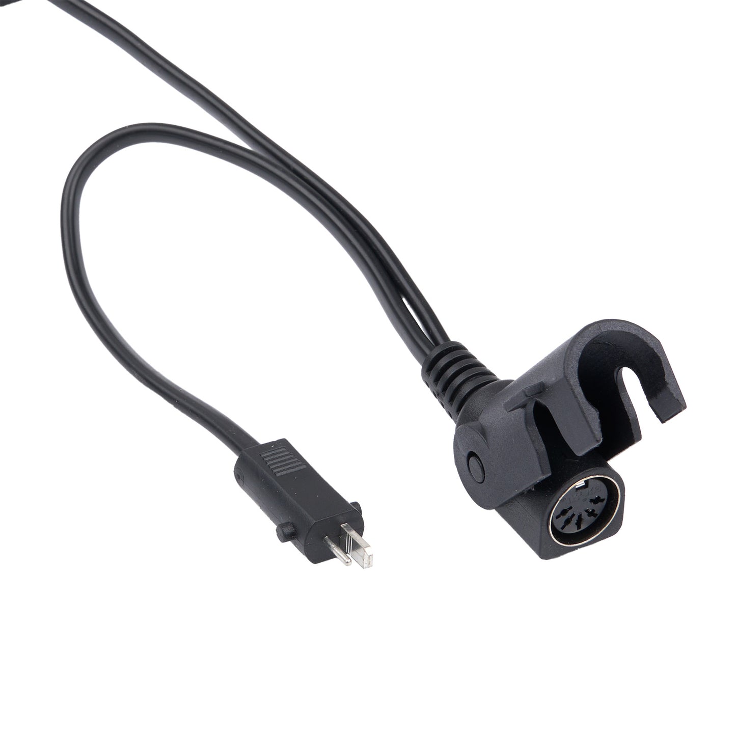 Black audio cable with plug on a white background