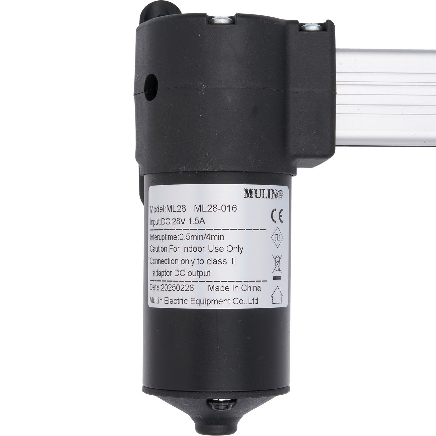 Black mechanical component with label on a white background