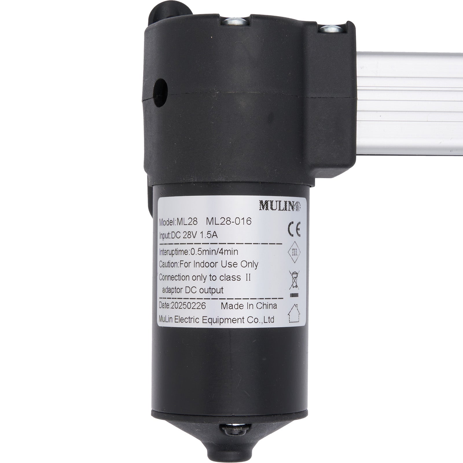 Black mechanical component with label on a white background