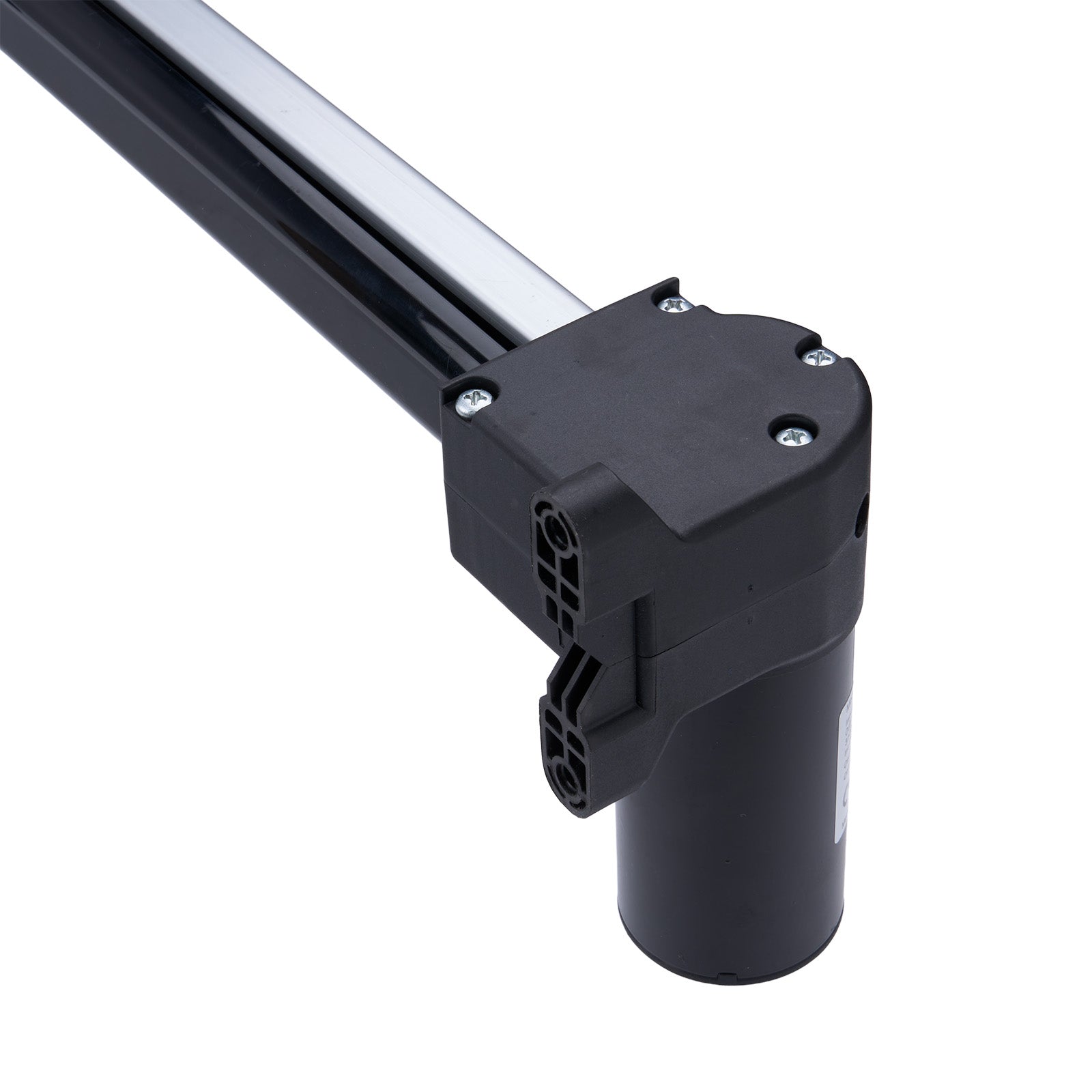 Black cylindrical component with metallic rod on a white background