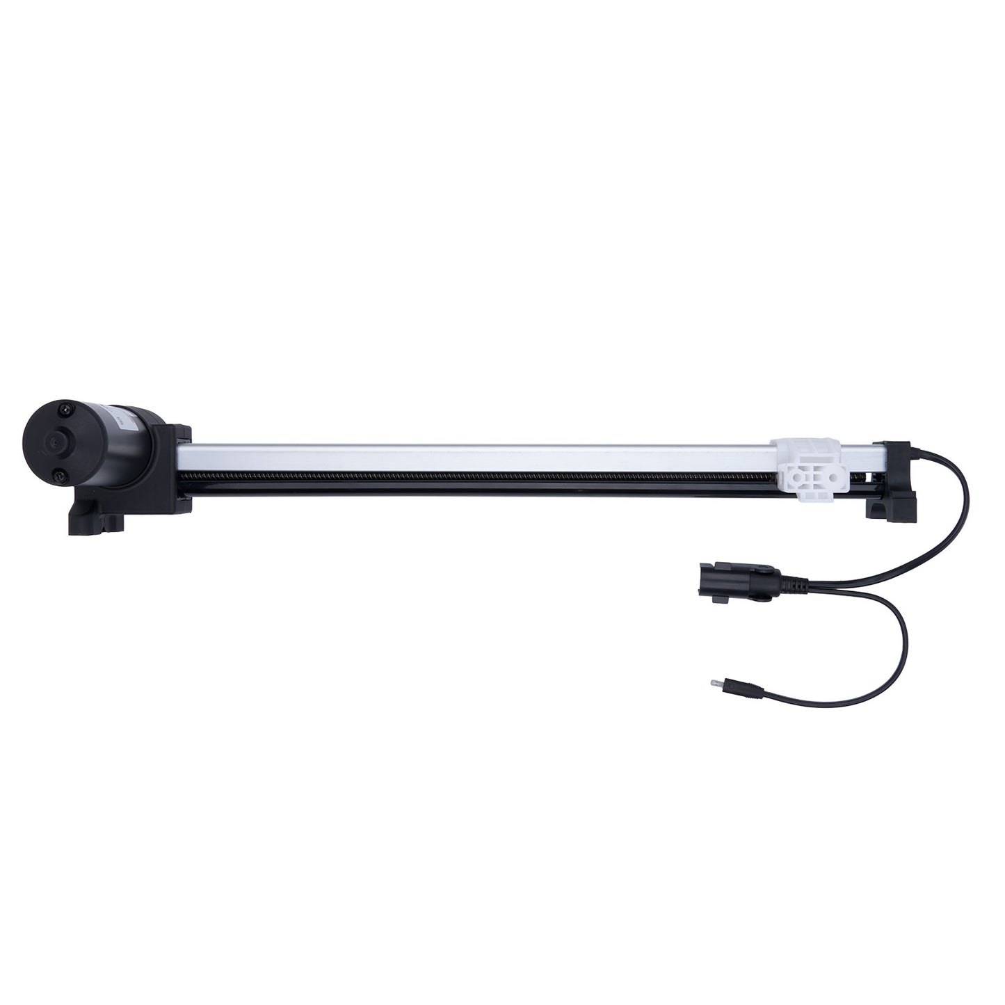 Long, thin mechanical device with a black cable on a white background