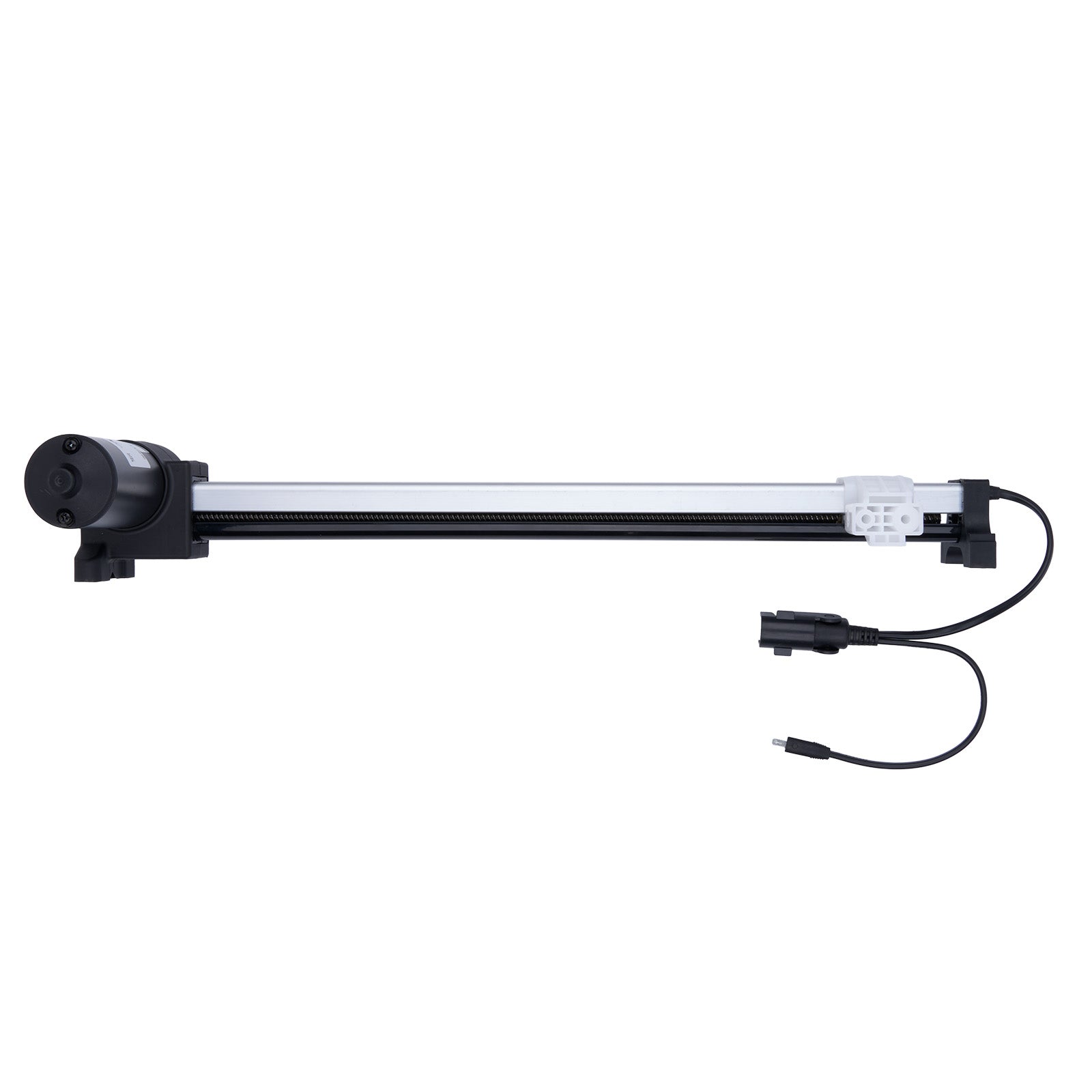 Long, thin mechanical device with a black cable on a white background