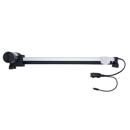 Long, thin mechanical device with a black cable on a white background