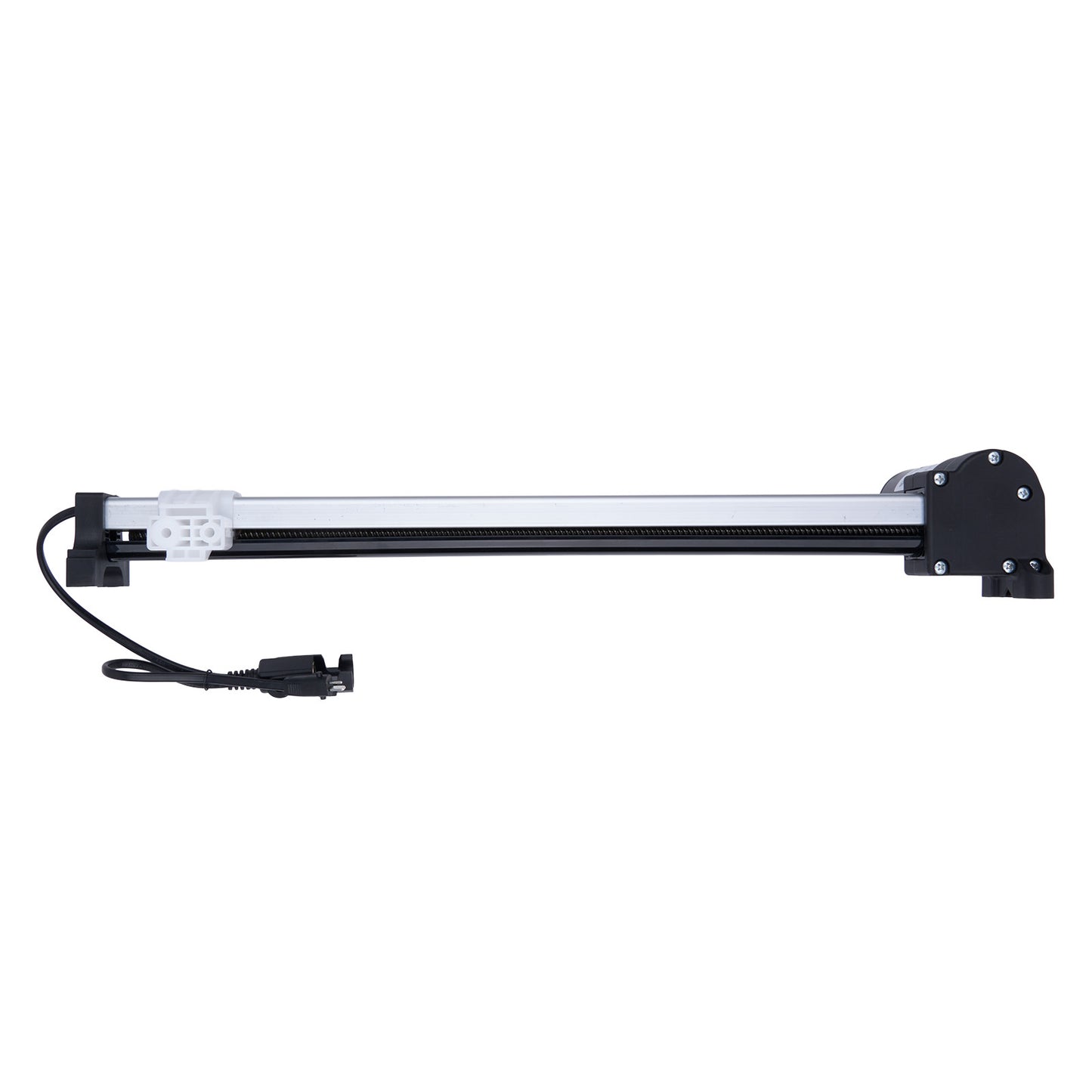 Long rectangular light fixture with black ends on a white background