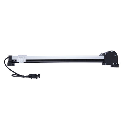 Long rectangular light fixture with black ends on a white background