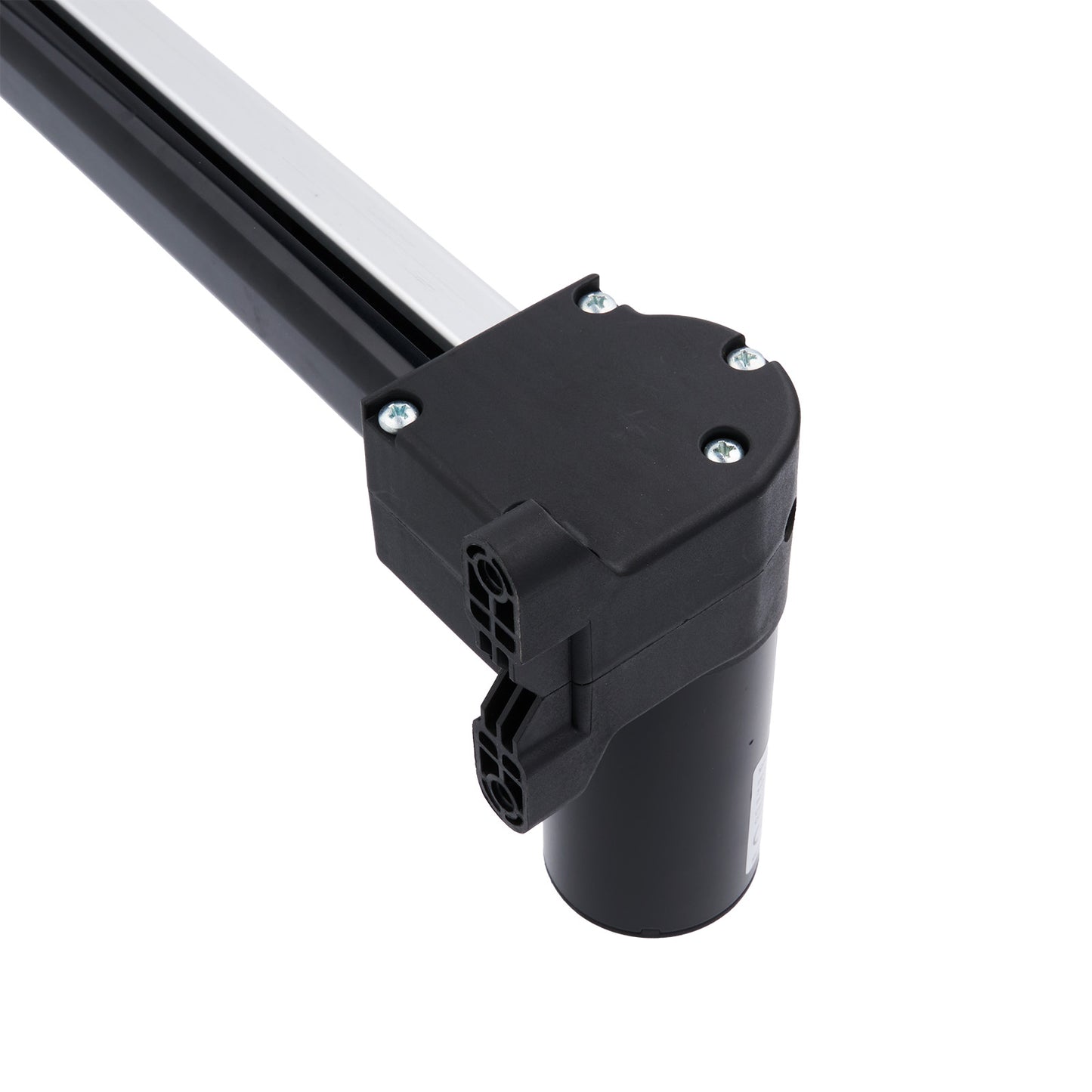 Black metal bracket with cylindrical component on a white background