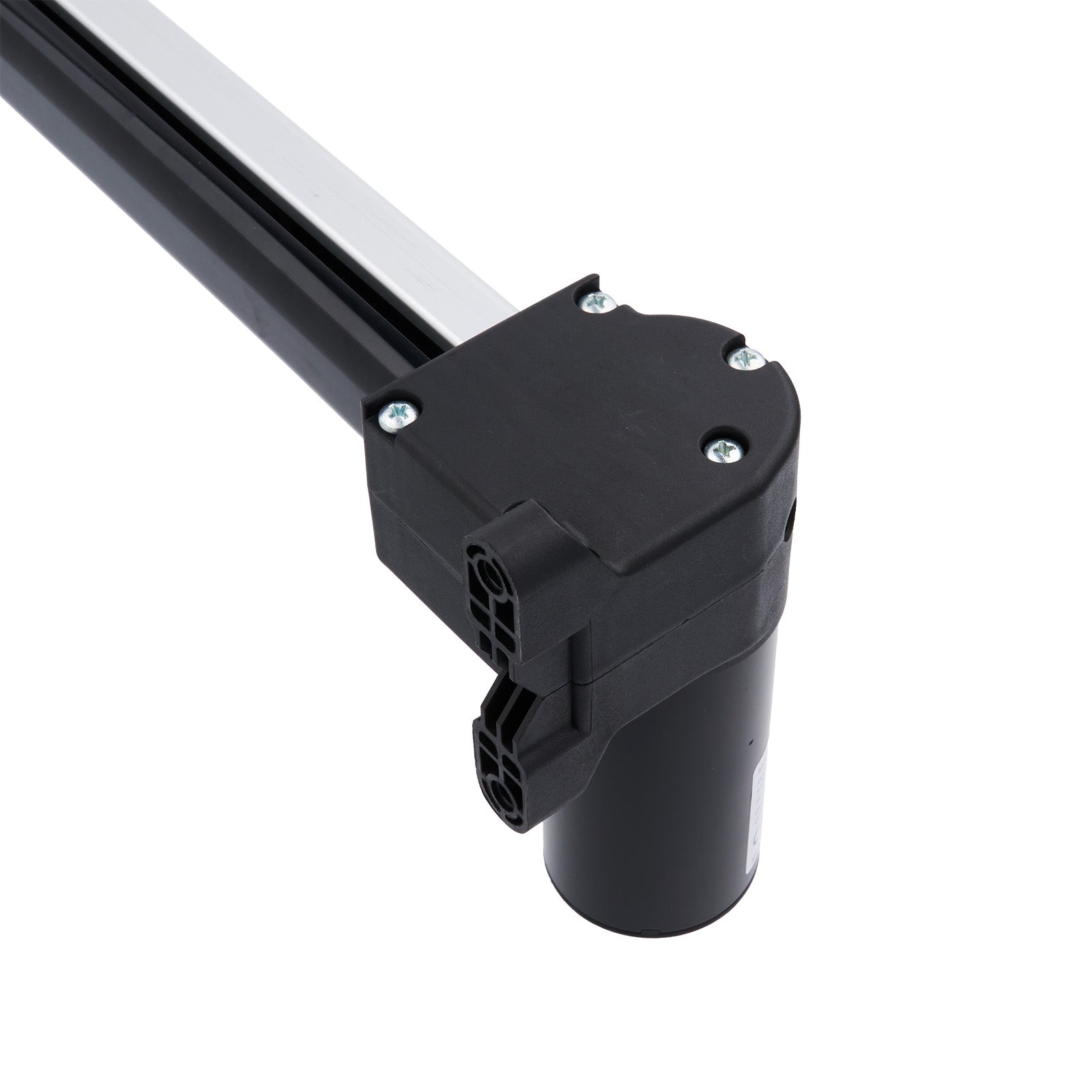 Black metal bracket with cylindrical component on a white background