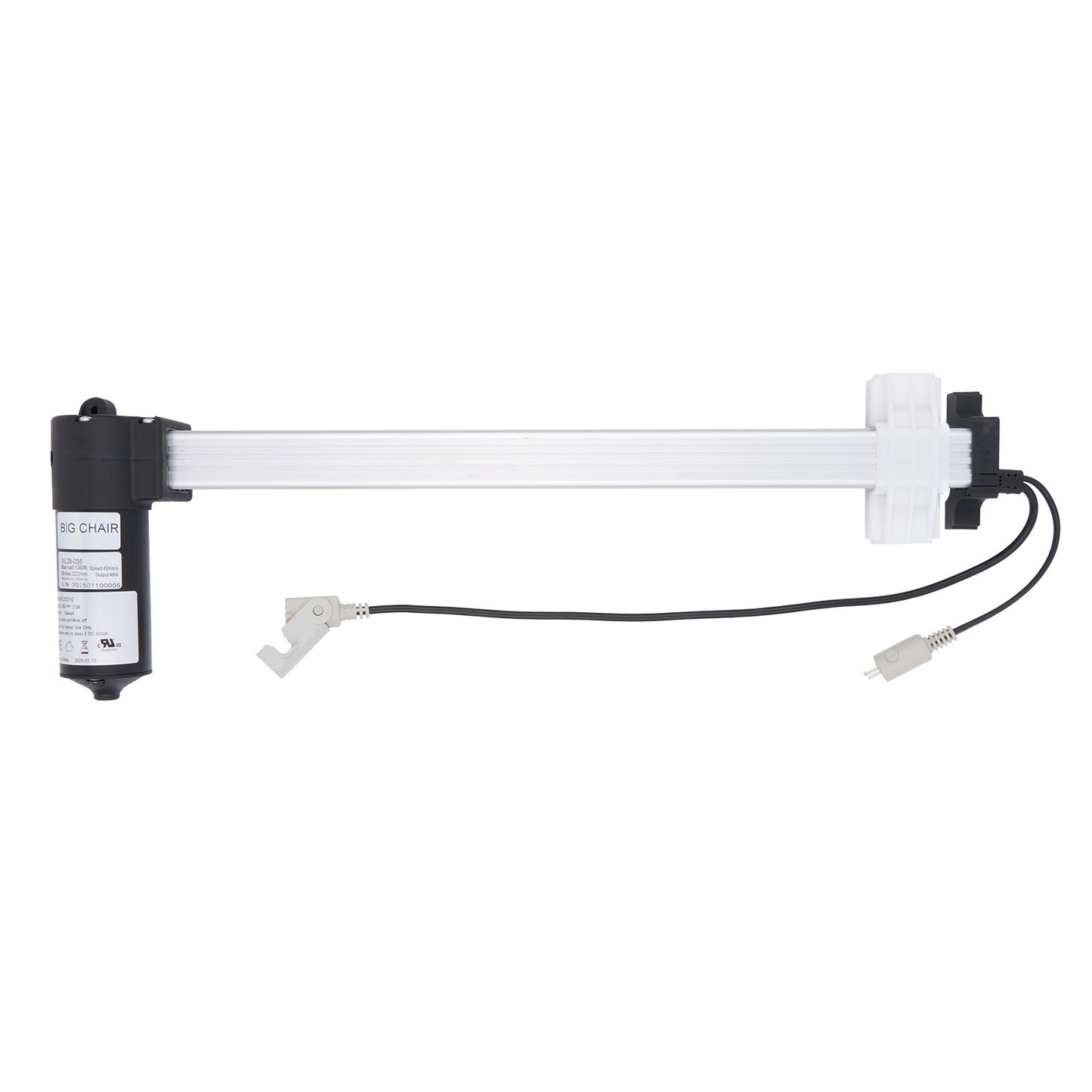 White mechanical arm with black connectors on a white background
