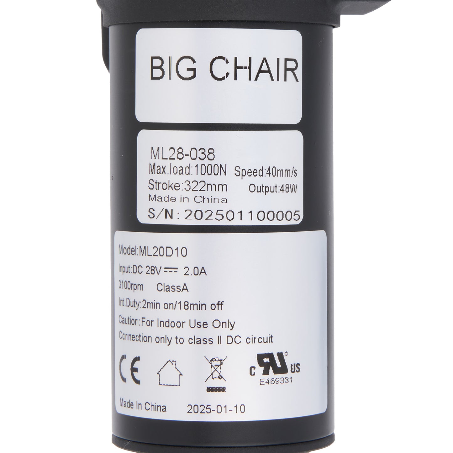 Technical label on a cylindrical component with specifications and branding.
