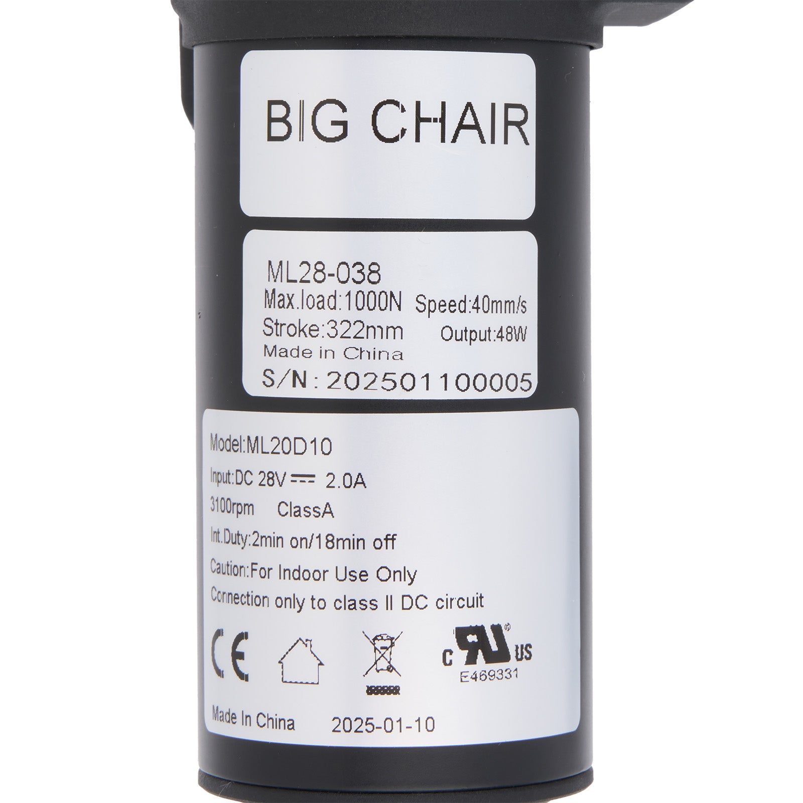Technical label on a cylindrical component with specifications and branding.