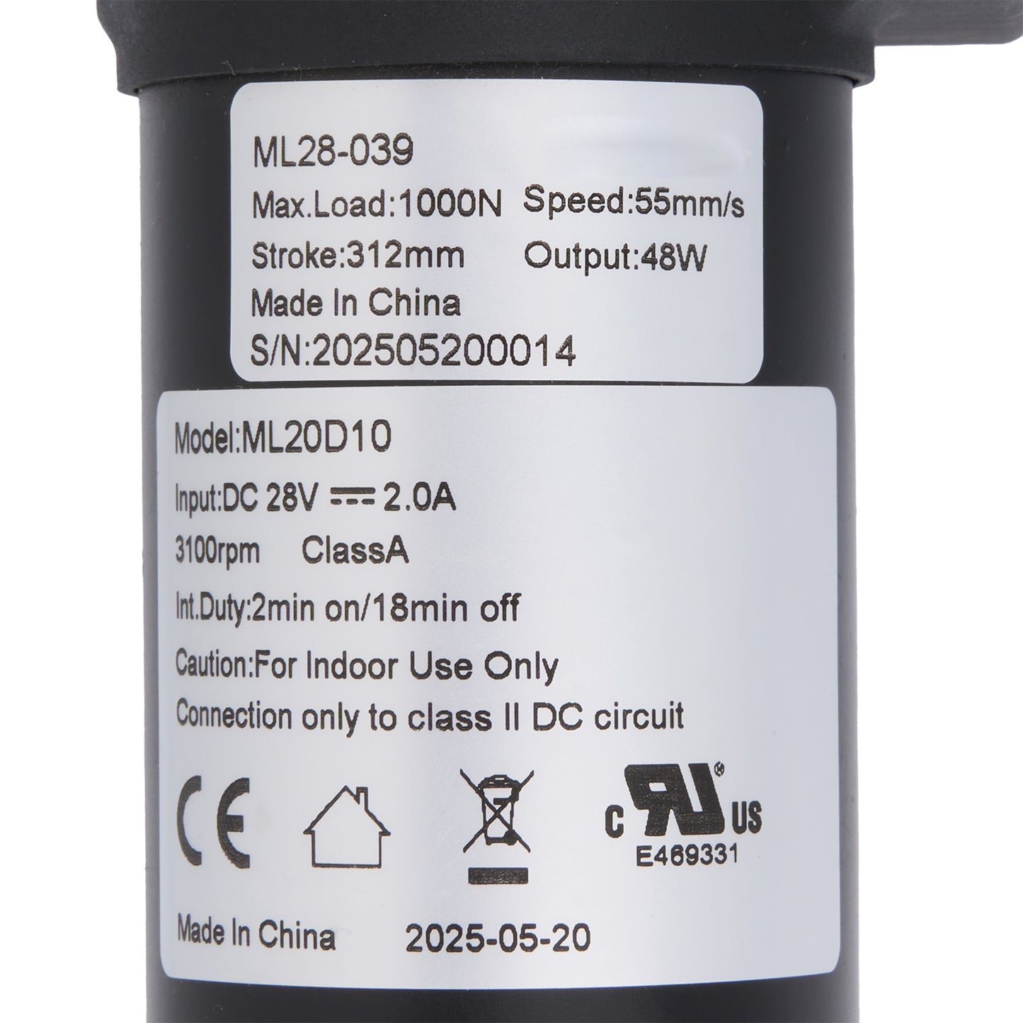 Technical specifications label on a cylindrical device with branding and certification logos.