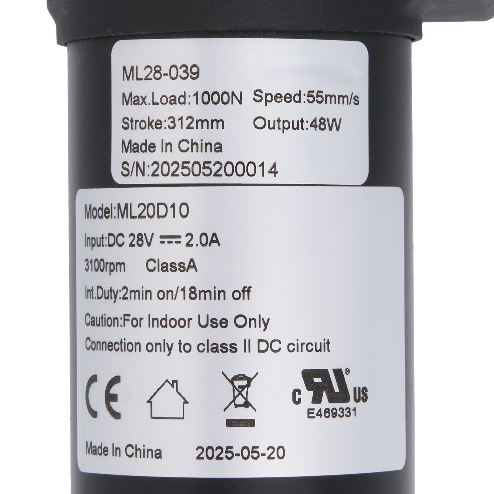 Technical specifications label on a cylindrical device with branding and certification logos.