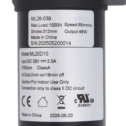 Technical specifications label on a cylindrical device with branding and certification logos.
