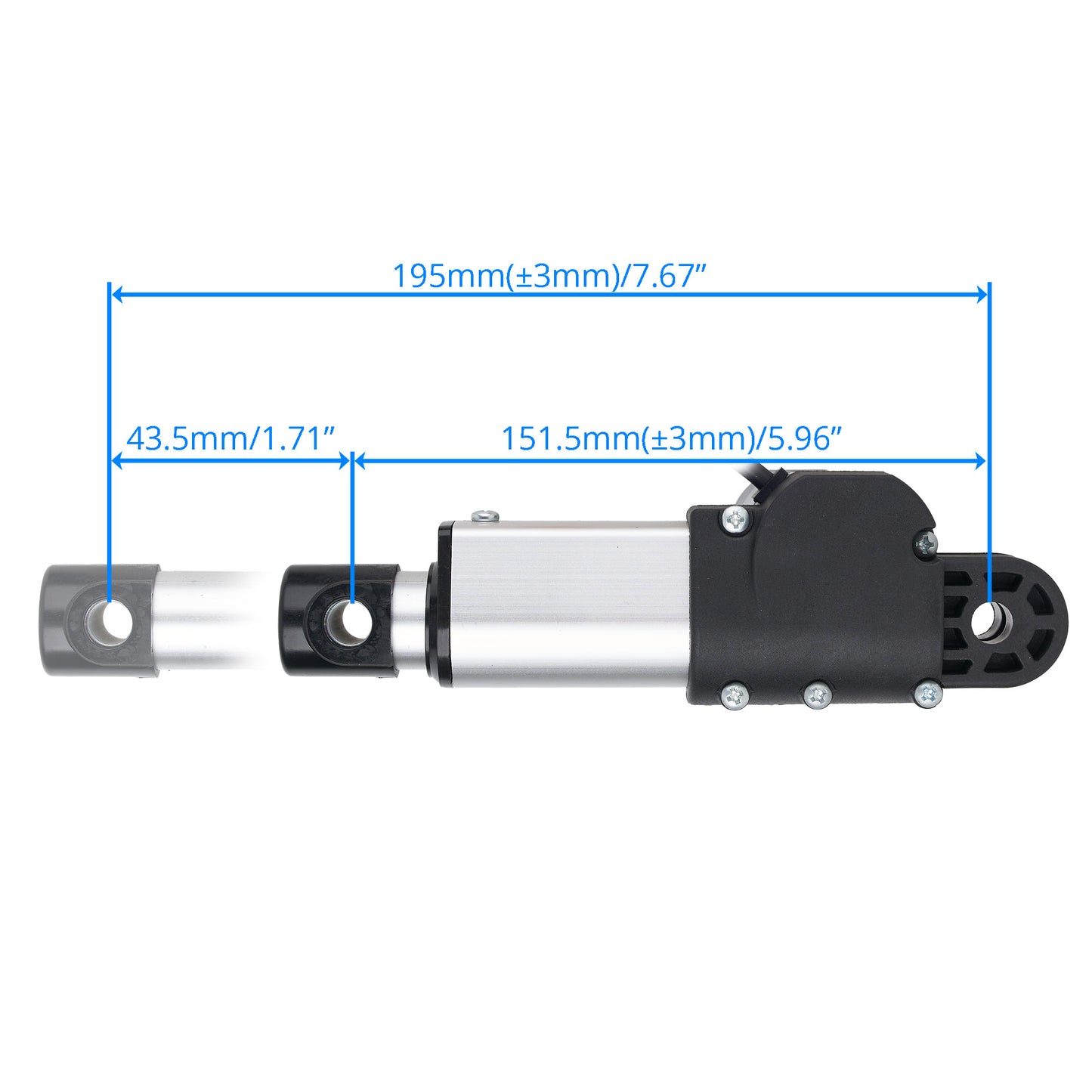 A technical dimension diagram of a linear actuator on a white background, showing measurements of 195mm total, 151.5mm middle section, and 43.