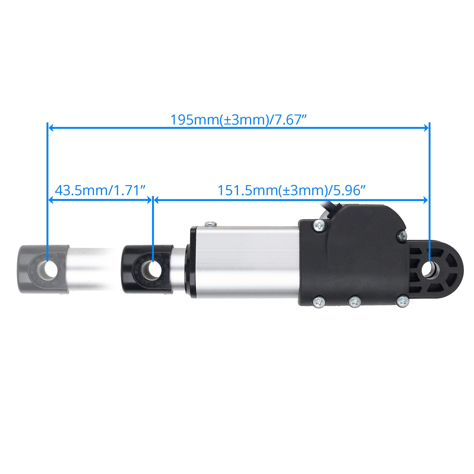 A technical dimension diagram of a linear actuator on a white background, showing measurements of 195mm total, 151.5mm middle section, and 43.