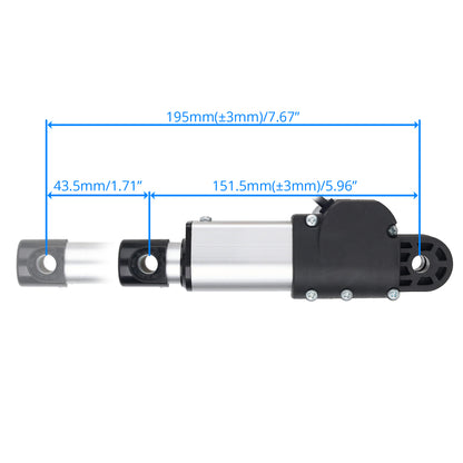A technical dimension diagram of a linear actuator on a white background, showing measurements of 195mm total, 151.5mm middle section, and 43.