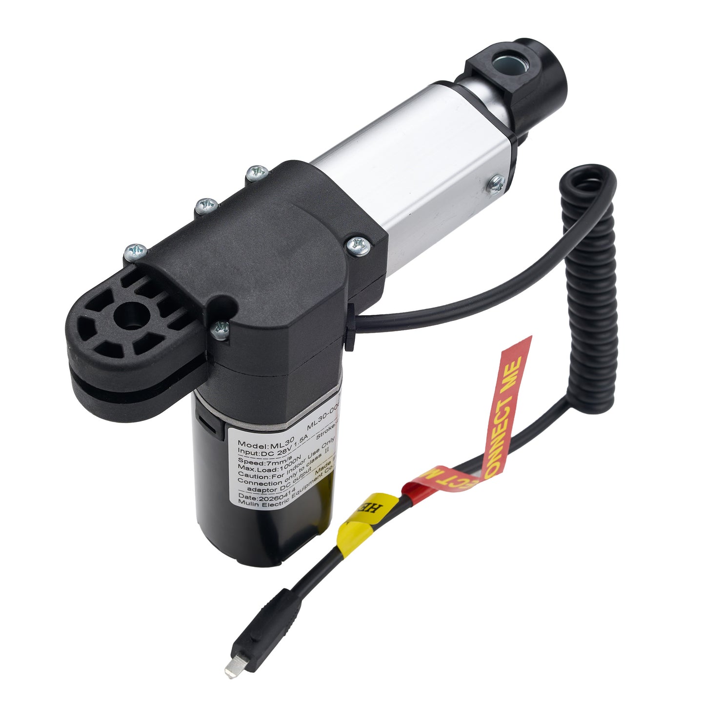A hydraulic power steering pump module with a black and silver body, connected to a black coiled cable with a red 'CONNECT ME' label and a USB connector.