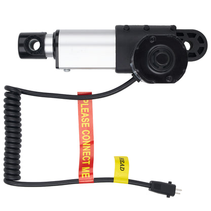 A black and silver linear electric actuator with a coiled black cable, a red warning tape reading 'PLEASE CONNECT WE', and a yellow 'HEAD' label, shown on a plain white background.