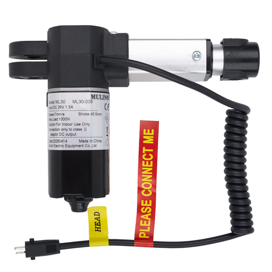 A miniature electric solenoid valve with a black and silver body, a coiled black cable, a yellow 'HEAD' label, and a red 'PLEASE CONNECT ME' tape, shown on a white background.