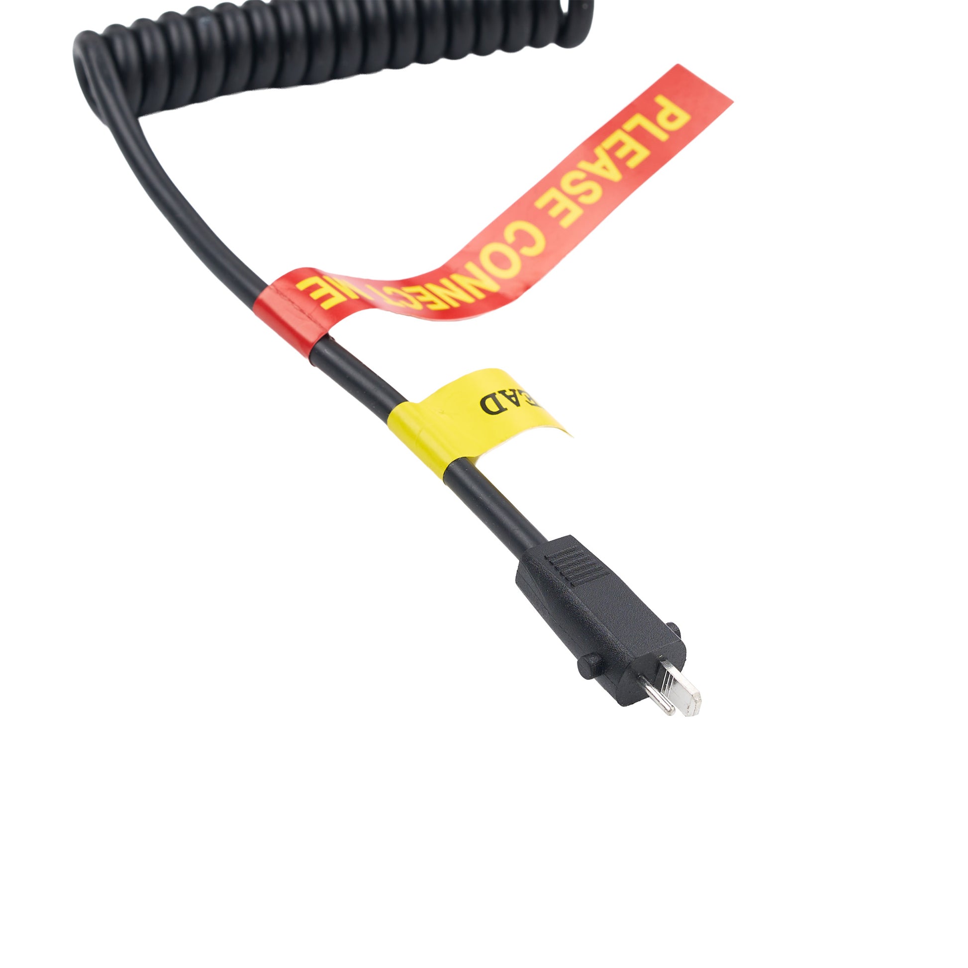 A black coiled extension cord with a red warning tape reading 'PLEASE CONNECT ME' and a yellow tape label, shown on a plain white background.