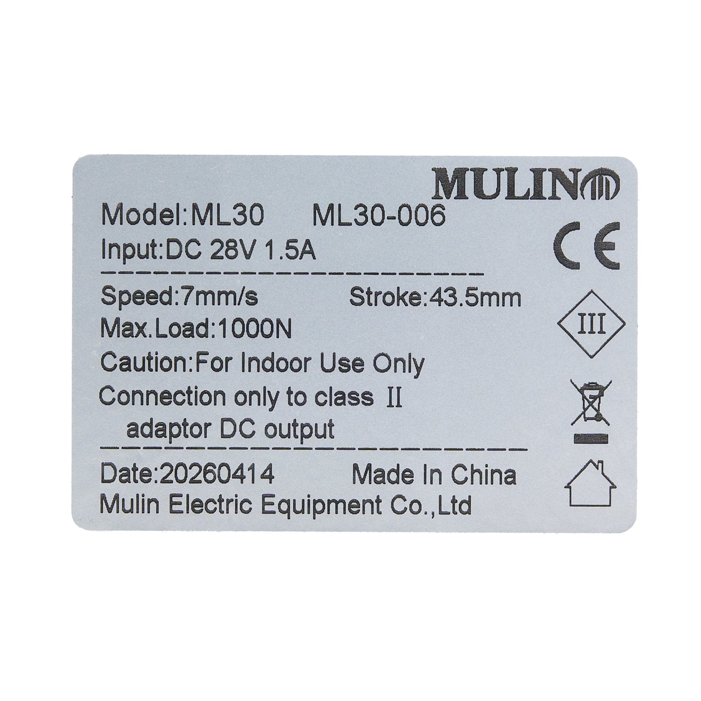 A rectangular gray product specification label with black printed text and symbols, including the brand name MULIN and model ML30-006, on a plain white background.