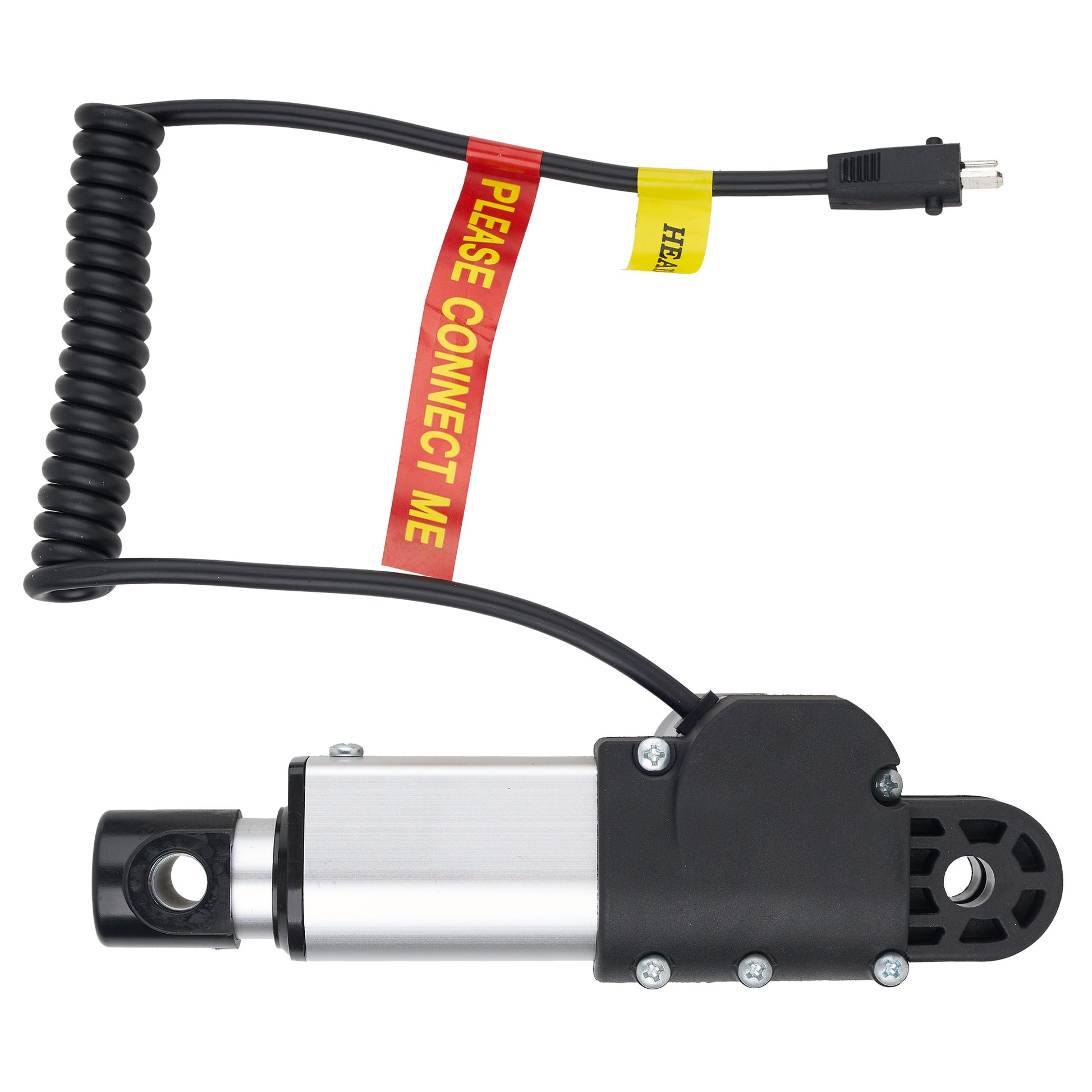 A hydraulic or pneumatic cylinder with a black and silver body, featuring a coiled black cable, a red warning tape that reads 'PLEASE CONNECT ME', a yellow tag, and a black power plug on a white background.