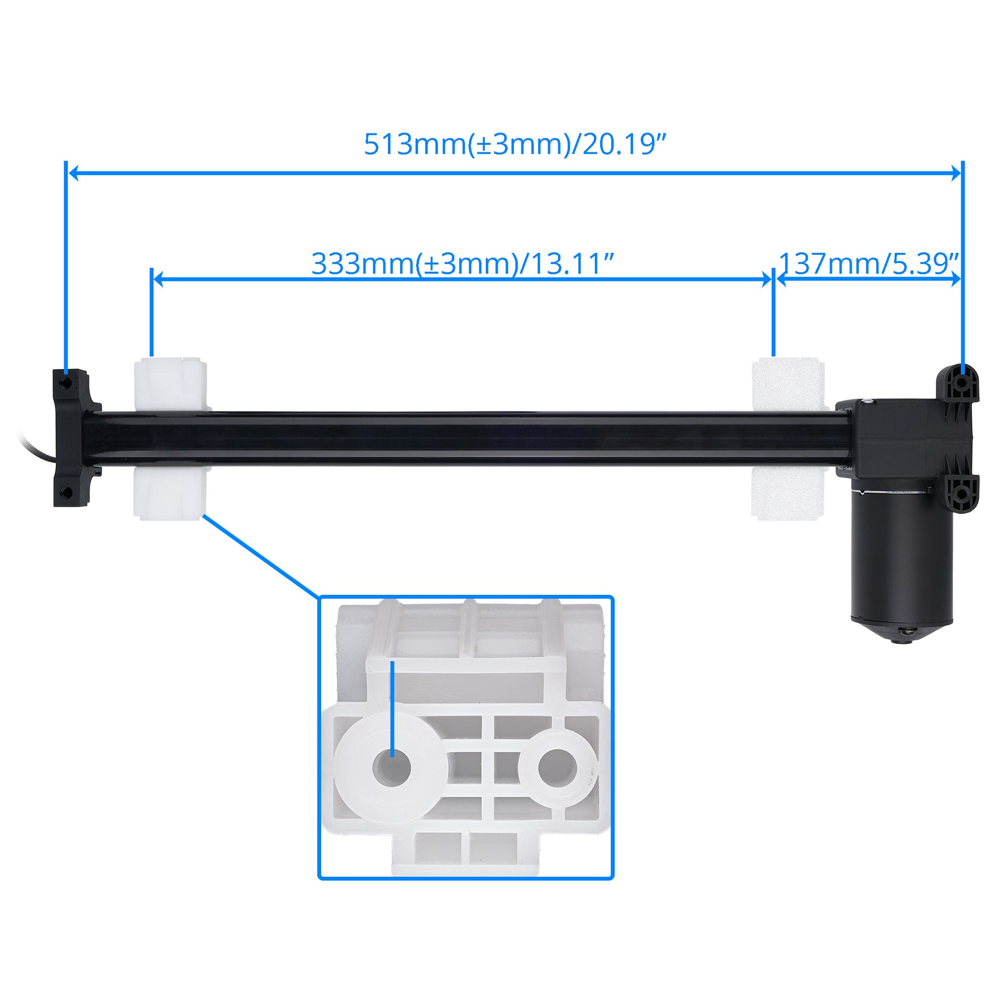 Black linear actuator with white mounting brackets, shown with blue dimension lines indicating 513mm total length, 333mm stroke, and 137mm end spacing, plus a close-up inset of the white bracket.