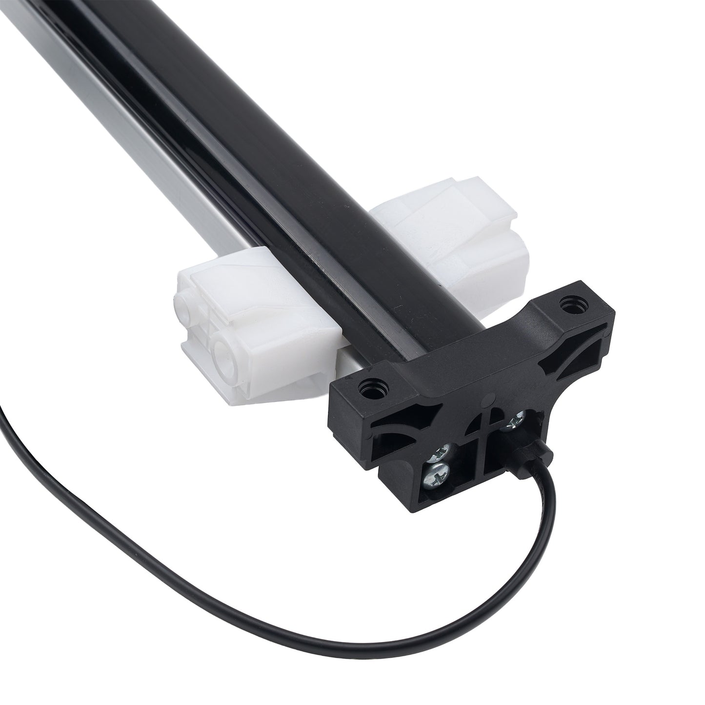 A close-up of a linear motor or drive assembly with a black rail, black terminal housing, white plastic mounting blocks, and a black cable on a white background.