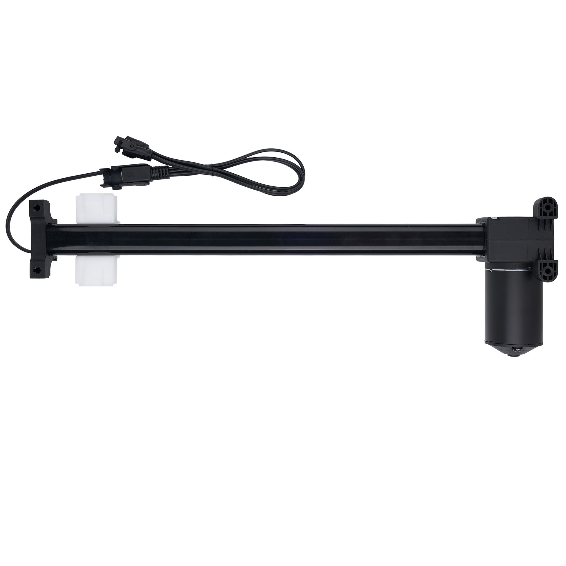 Black linear electric actuator with a mounting bracket, power cable, and white plastic protective cover on a solid white background.