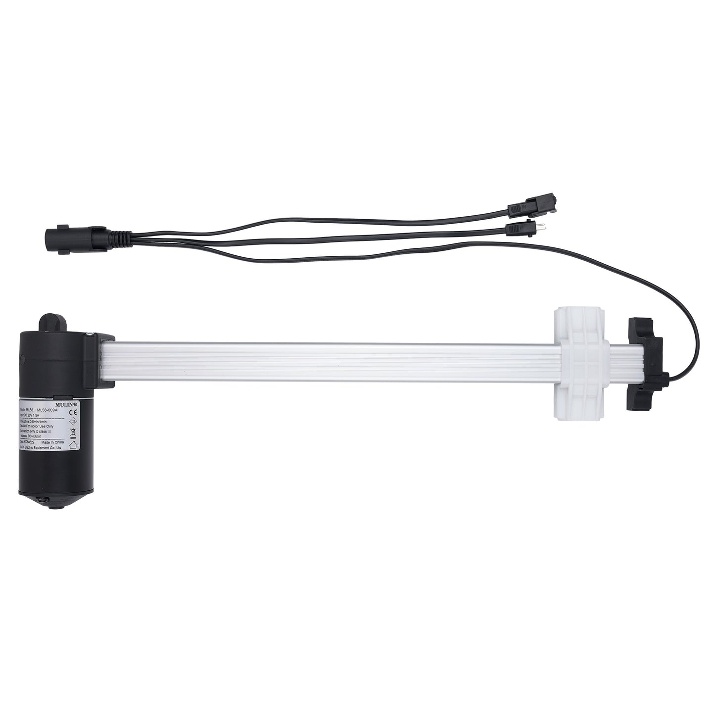 A linear electric actuator with a black motor housing, a long silver metal rod, and black wiring with connectors, shown against a plain white background.