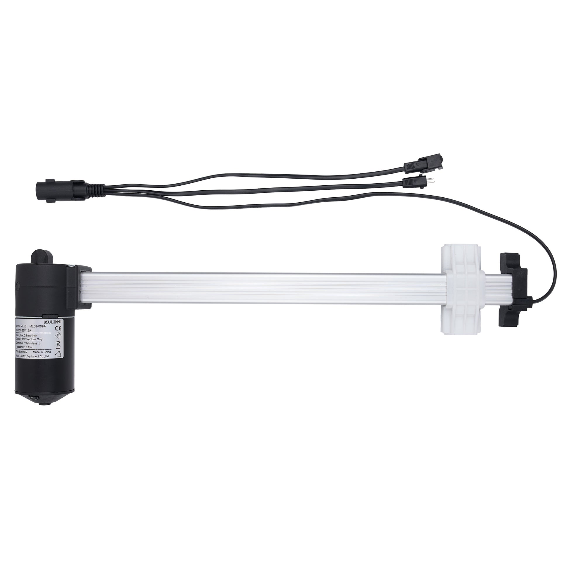 A linear electric actuator with a black motor housing, a long silver metal rod, and black wiring with connectors, shown against a plain white background.