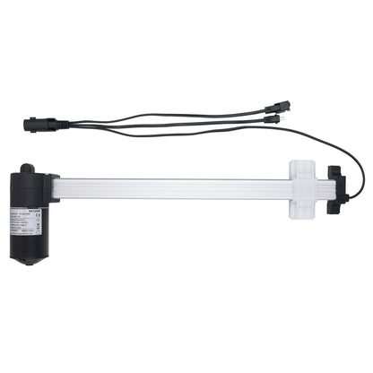 A linear electric actuator with a black motor housing, a long silver metal rod, and black wiring with connectors, shown against a plain white background.