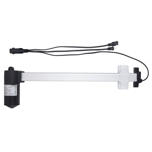 A linear electric actuator with a black motor housing, a long silver metal rod, and black wiring with connectors, shown against a plain white background.