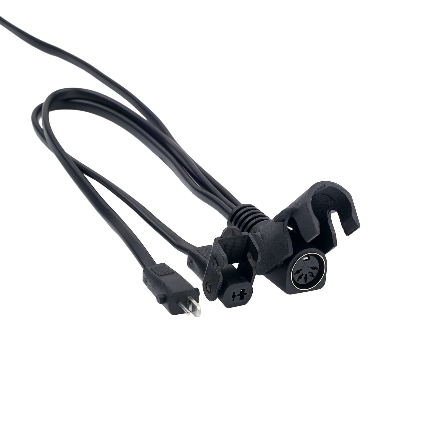 Black multi-connector cable with a USB-C plug and a circular multi-pin plug, shown on a plain white background.