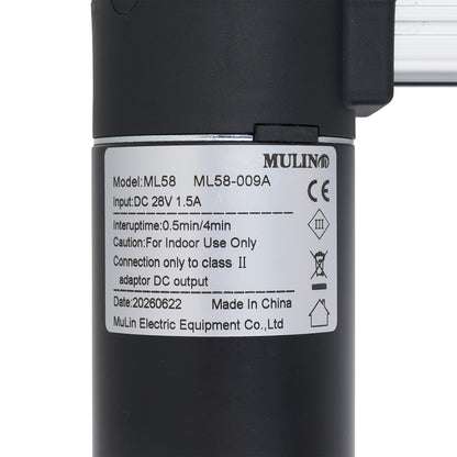 Close-up of a black cylindrical industrial motor or pump body with a white printed specification label. The label shows the brand MULIN and model ML58-009A, along with technical details and compliance icons.