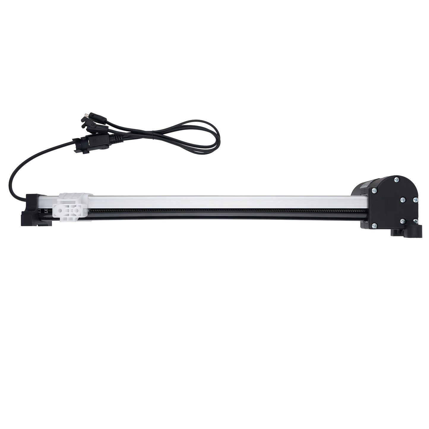A linear electric slide rail with a black metal housing, a silver aluminum rod, and a black power cable with connectors, shown against a plain white background.