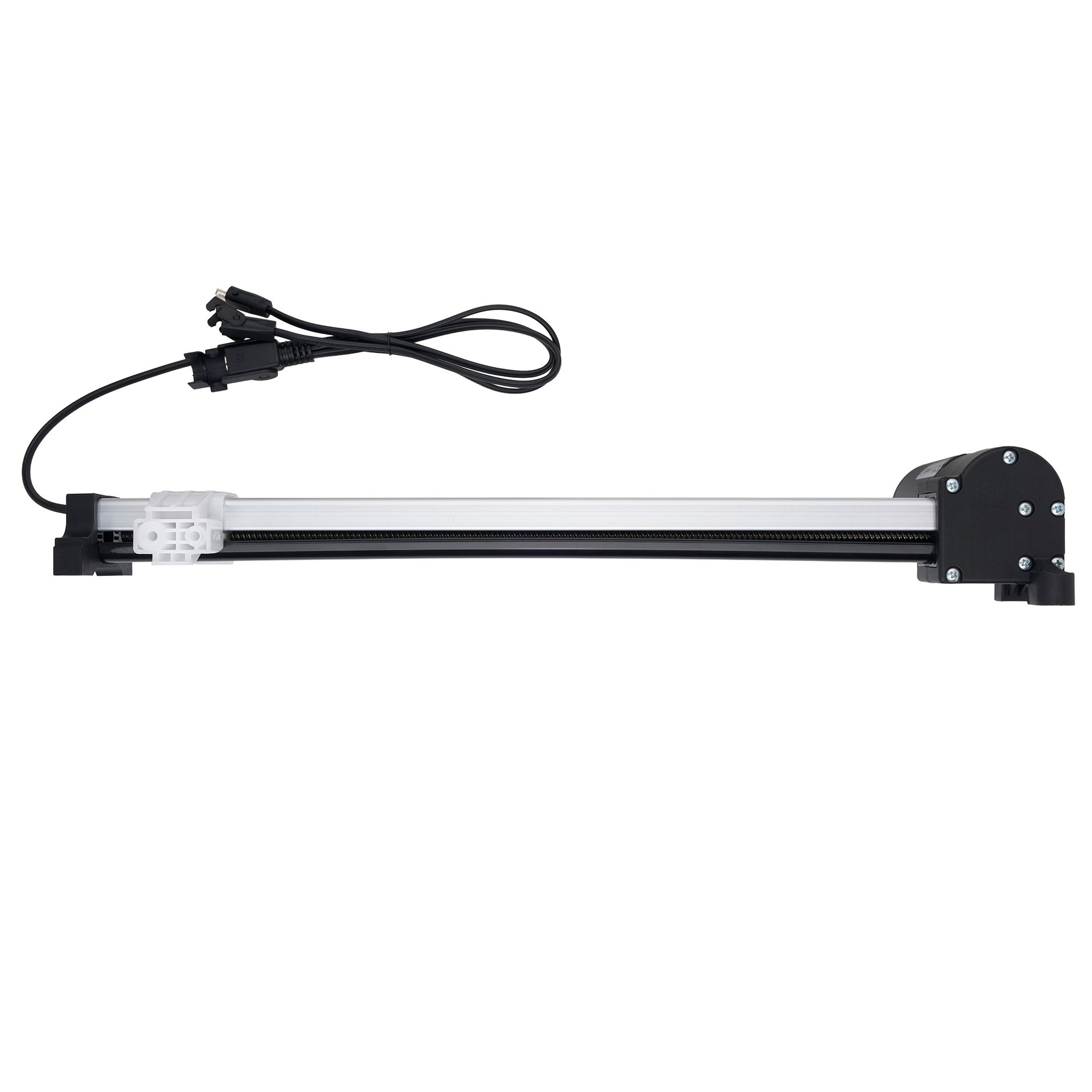 A linear electric slide rail with a black metal housing, a silver aluminum rod, and a black power cable with connectors, shown against a plain white background.