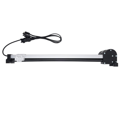 A linear electric slide rail with a black metal housing, a silver aluminum rod, and a black power cable with connectors, shown against a plain white background.