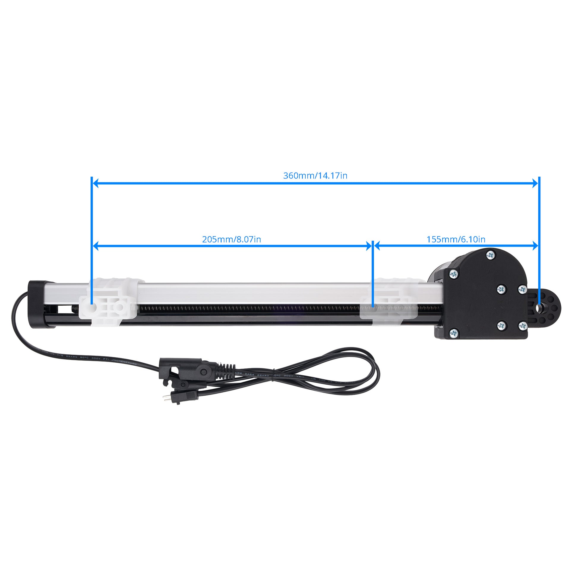 A linear rail slide assembly with a black motor housing, clear plastic guide tube, and black cable, shown with blue dimension lines and measurements on a white background.
