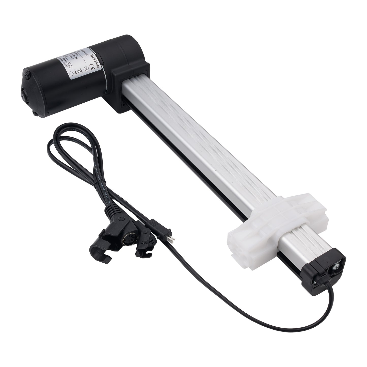 An industrial linear slide motor with a black motor housing, a silver aluminum rod, a white plastic end cap, and an attached black power cable with connectors, shown on a plain white background.