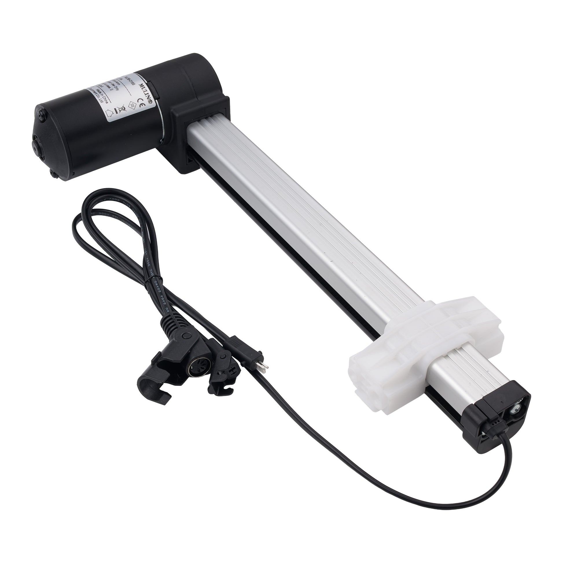 An industrial linear slide motor with a black motor housing, a silver aluminum rod, a white plastic end cap, and an attached black power cable with connectors, shown on a plain white background.