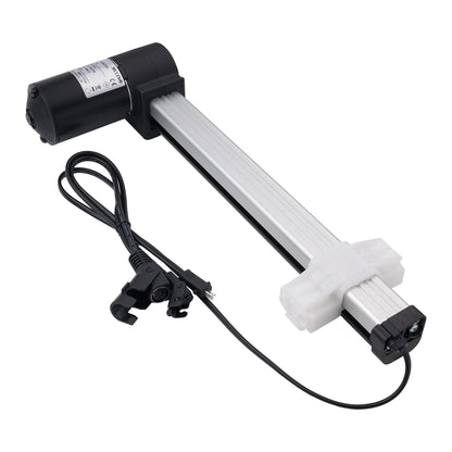 An industrial linear slide motor with a black motor housing, a silver aluminum rod, a white plastic end cap, and an attached black power cable with connectors, shown on a plain white background.