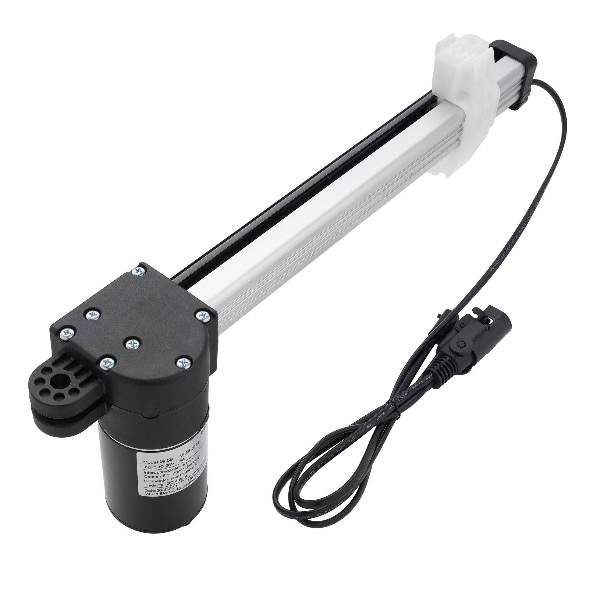 An electric linear motor slide rail assembly with a black cylindrical motor, a silver metal rod, a white plastic end cap, and a black power cable with an inline connector, shown on a white background.