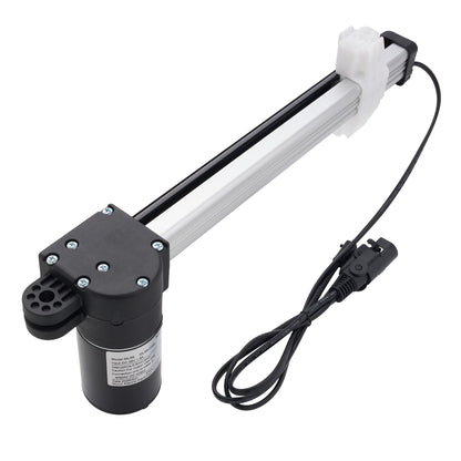 An electric linear motor slide rail assembly with a black cylindrical motor, a silver metal rod, a white plastic end cap, and a black power cable with an inline connector, shown on a white background.