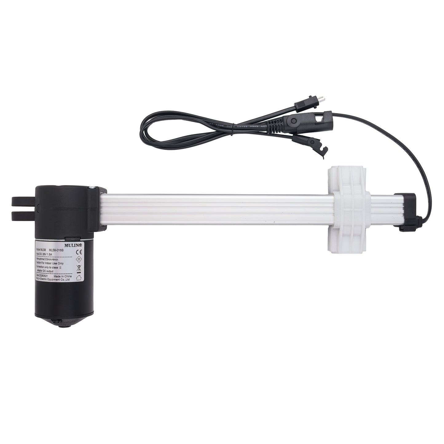 A linear electric actuator with a black motor housing, a long white rod, and a black power cable with connectors, shown on a plain white background.
