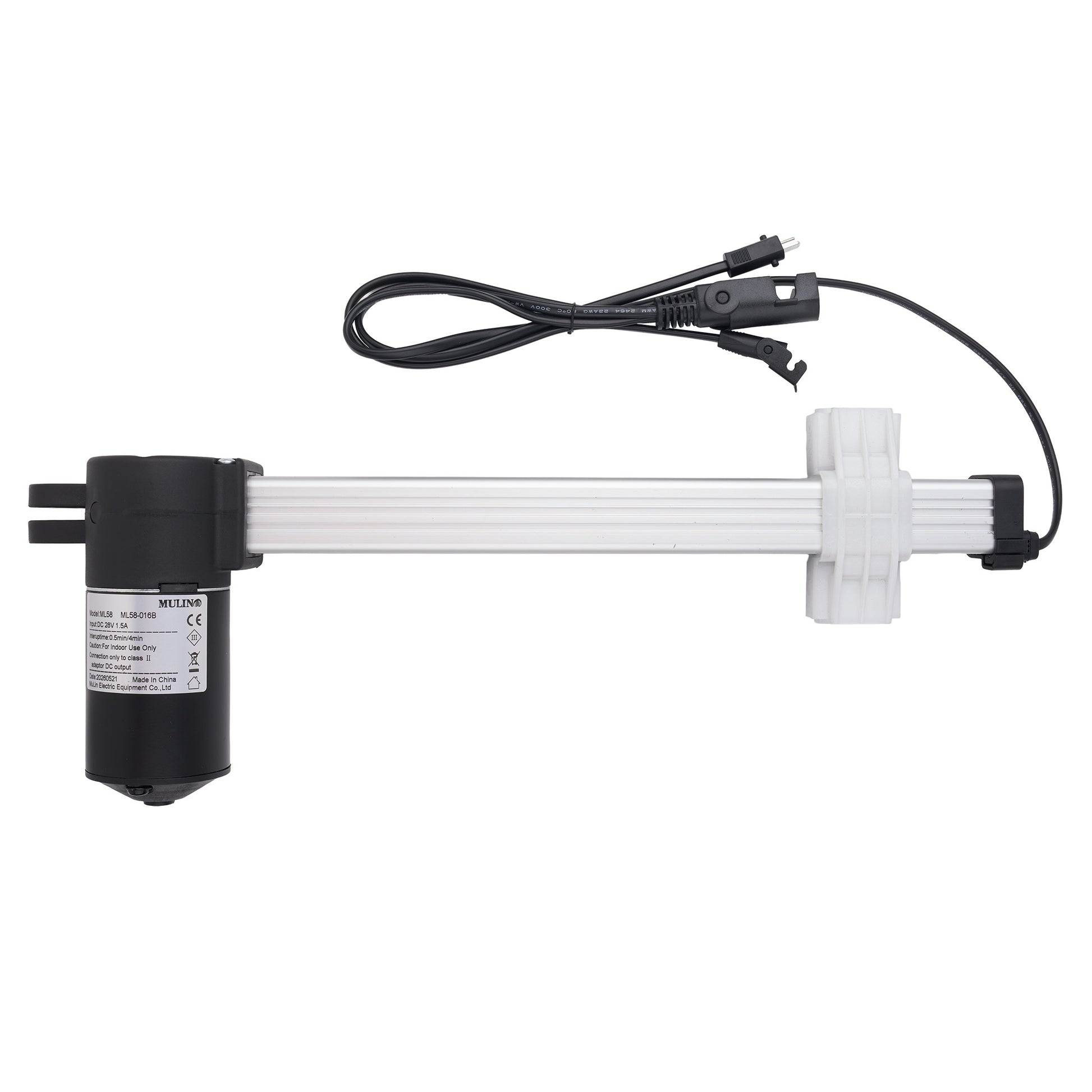 A linear electric actuator with a black motor housing, a long white rod, and a black power cable with connectors, shown on a plain white background.